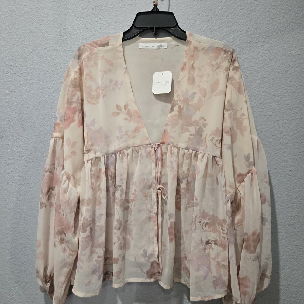Altar'd State L Illea Pink Floral BoHo Blouse Tie Front